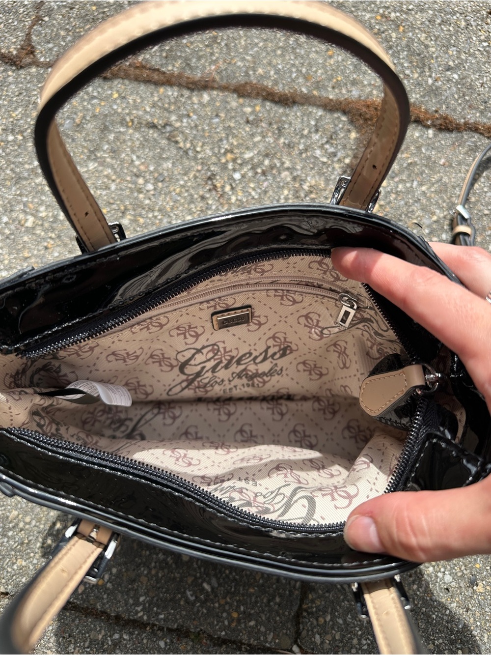 GUESS Delaney Black Patent Mini Tote Crossbody Bag Tan Strap - Picture 4 of 6